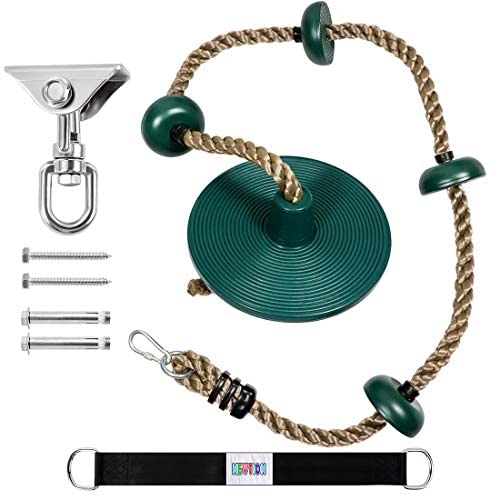 Kids Tree Swing Climbing Rope with Foot Hold Platforms,Disc Tree Swing Seat,and Hanging Kit with Tree Strap - Outdoor&Indoor Swings and Swing Set Accessories - Rope Swing,Green