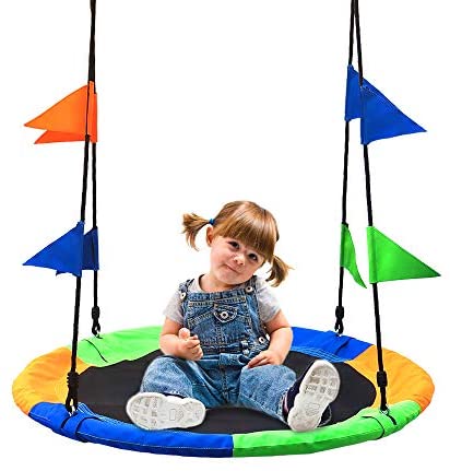 Saucer Tree Swing Seat with Straps and Flags Giant 40 Inches Saucer Swing Outdoor Play for Kids 2 Added Hanging Straps Adjustable Multi-Strand Ropes