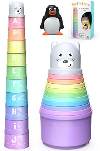 Stacking Cups Toy for Toddler, Modern Design with Numbers, Letters, Patterns, Pastel Colors + FREE Bonus Squirting Baby Bath Toy & Bear Head Shaker, Fun Educational Toys for 6 Months +, 1 2 3 years