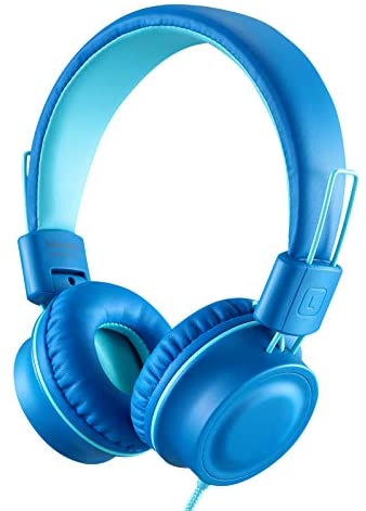 iRAG J01 Kids Headphones Foldable Stereo Tangle-Free 5ft Long Cord 3.5mm Jack Plug in Wired On-Ear Headset for iPad/Amazon Kindle,Fire/Toddler/Boys/Girls/School/Laptop/Travel/Plane/Tablet(Ocean Blue)