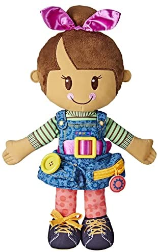 Playskool Dressy Kids Doll with Brown Hair and Bow, Activity Plush Toy with Zipper, Shoelace, Button, For Ages 2 and Up (Amazon Exclusive)