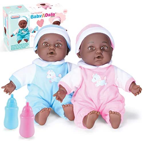 Prextex Baby Black Twin Dolls Set - 11-Inch Boy and Girl Soft African American Doll Set with Pink and Blue Toy Bottle - Best Gift for Toddlers and Girls