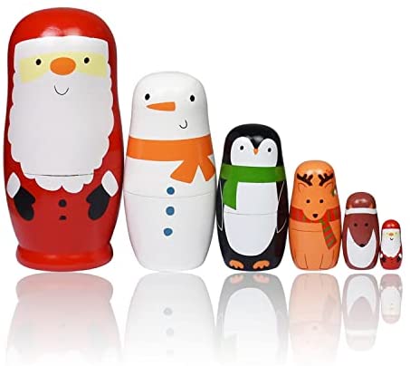 Nesting Dolls Christmas Russian Matryoshka Dolls for Kids Wood Stacking Nested Set 6 Pieces Handmade Toys for Children Christmas Birthday Gift