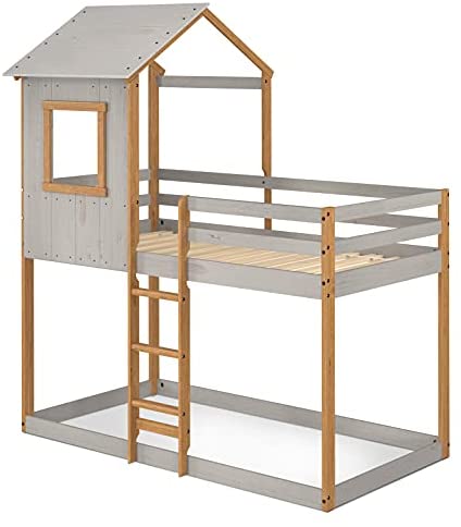 P'kolino Treehouse Style Twin Bunk Bed for Kids - Built-in Guard Rail, Made in Brazil with 100% FSC-Certified Pine Wood, Supports 200 Pounds, Grey/Natural