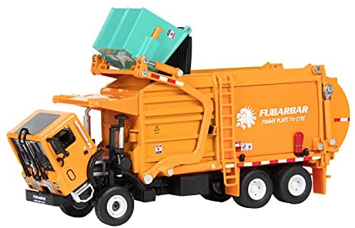 Garbage Truck Toy Model, 1:43 Scale Metal Diecast Recycling Clean Trash Garbage Rubbish Waste Transport Truck Alloy Model Mold Car Toy with Garbage Cans for Kids Toddlers Birthday Party(Orange)