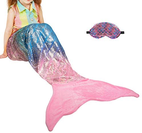 Catalonia Kids Mermaid Tail Blanket with Sleep Mask, Super Soft Plush Sleeping Snuggle Blanket for Teen Girls, Fish Scale Pattern, Gift Idea, Rainbow Ombre