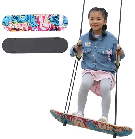 Stand Up Kids Skateboard Swing Outdoor Tree Surfing Swing with 7 Layer Maple Tree Board for Kids Up to 300 Lbs UV Resistant Rope, & Handles, Adjustable Height Wear Resistant PE Rope (Blue red)
