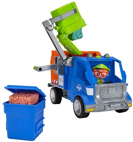 Blippi Recycling Truck - Includes Character Toy Figure, Working Lever, 2 Trash Cubes, 2 Recycling Bins - Sing Along with Popular Catchphrases - Educational Toys for Kids - Amazon Exclusive