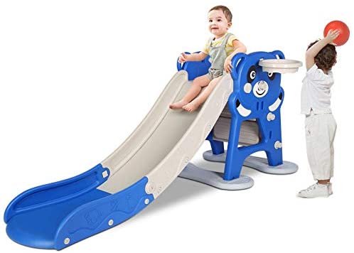 JOYLDIAS Freestanding Kids Slide, Baby Folding Slide Climber Equipment Set with Basketball Hoop and Ball, Extra Long Slide, Easy Setup, Sturdy Baby Playground Toddler Toy Gift Game Playset Indoor