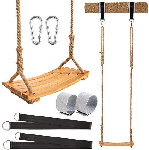 Wooden Swing Yangbaga Hanging Tree Swings, Wood Swings Seat 19.7”9.8”0.78”to Adult Kids Children with Adjustable Hemp Rope Plus Tree Straps inch and 2 Carabiner Hooks-for Park or Home for Kids