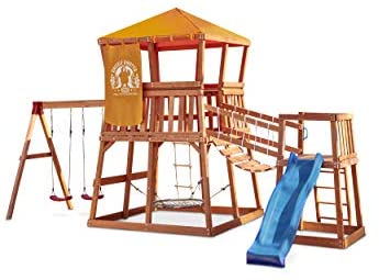 Little Tikes Real Wood Adventures Grizzly Grotto Exclusive Wooden Swing Set and Outdoor Playhouse Backyard Playset with Slide for Kids Playground Activity