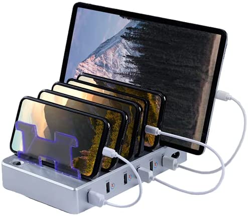 Hercules Tuff Charging Station for Multiple Devices with 6 USB Fast Ports and 6 Short Mixed USB Cables for Cell Phones and Other Electronics Silver