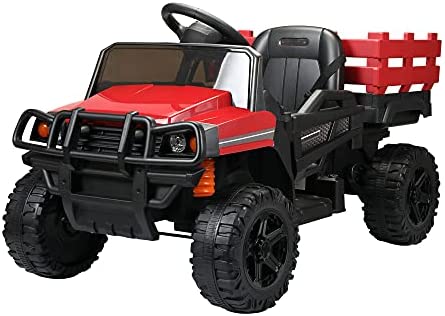 TOBBI 12V Kids Ride on Truck with Remote Control Battery Powered Toy Tractor with Trailer in Red