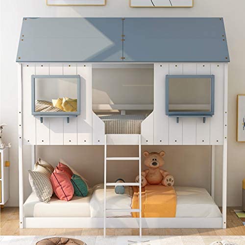 Merax House Shaped Solid Wood Bunk Bed with Roof, Window, Guardrail and Ladder for Kids, Teens, Girl or Boys Loft, Twin Over Twin, White