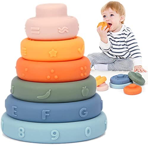 SYNPOS 6 PCS Baby Stacking Teething Toy, Stacking Nesting Toys, Soft Building Stacker Squeeze Toy, Baby Montessori Sensory Toys with Number, Fruit and Shape, Early Learning Toys for Toddlers 6 Months