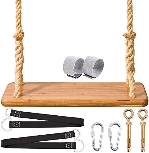 Wooden Swing Yangbaga Hanging Tree Swings, Wood Swings Seat 17.3” 7.7” 0.78” to Kids Children with Adjustable Hemp Rope Plus Tree Straps 47-103inch and 2 Carabiner Hooks-for Park or Home for Kids