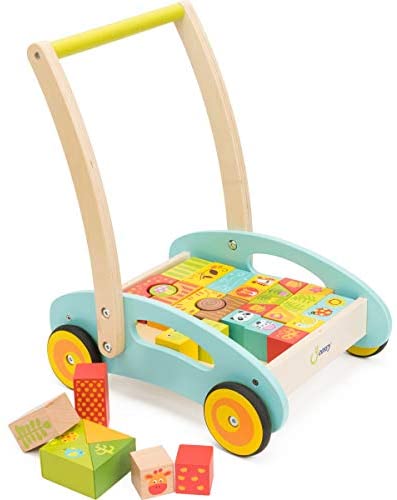 cossy Wooden Baby Learning Walker Toddler Toys for 1 Year Old Forest Theme Blocks & Roll Cart Push Toy (37 Pcs) Updated Version