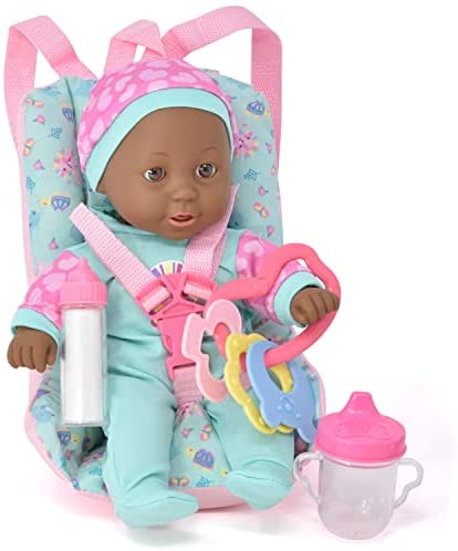 Baby Doll Car Seat with Toy Accessories, Includes 12 Inch Soft Body Black Baby Doll, Booster Seat Carrier, Rattle Toy, Bib and 2 Bottles, Travel Set for Toddler Infant Girl and Boy, African American