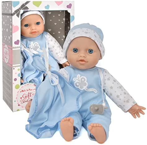 12 Inch Soft Body Baby Doll in Gift Box, Baby Doll with Pacifier, Blanket and Blue Clothes