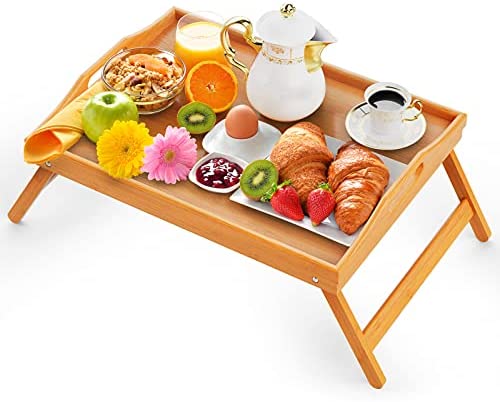 Bed Trays for Eating, 16.92 x 12.6 Inch Bed Table Tray with Folding Legs, Bamboo Breakfast in Bed Tray, Food Trays Fits for Adult Kids Eating Snack and Laptops TV by Easoger