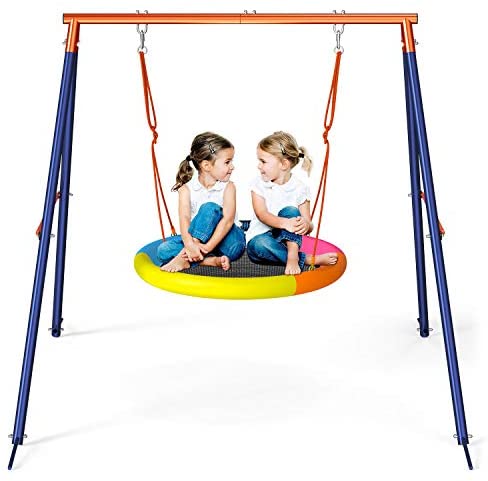 GIKPAL Saucer Swing with Stand for Kids Outdoor, 440lbs Swing Set with Heavy-Duty Metal Frame and Adjustable Ropes, Safe Waterproof Round Swing for Backyard Playground Park, Rainbow Color