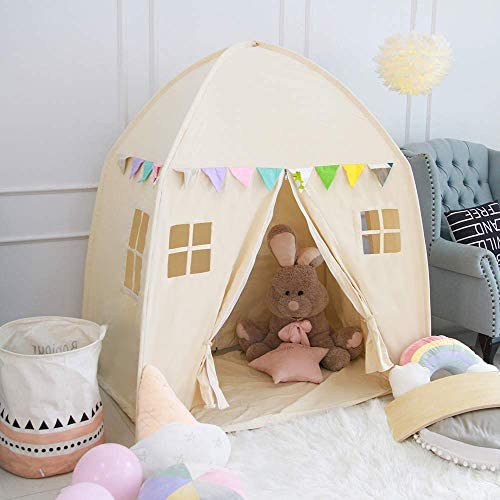 Large Children Playhouse - Beige Princess Girls Indoor Nursery Canvas Play Tent Bed House, Sturdy Frame & Mess Windows, Easy to Put Up and Take Down