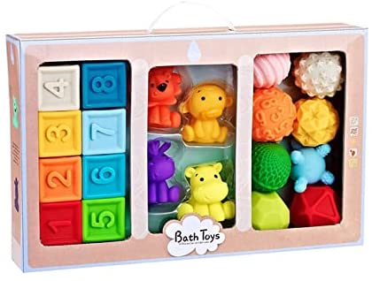 Soft Stacking Blocks Baby - Sensory Toys Textured Multi Ball Set, Water Animals Bath Toy, Infant Toddler Learning Montessori Toys for 6 9 12 18 Months 2 3 4 Year Old Exquisite Workmanship with Squeaks
