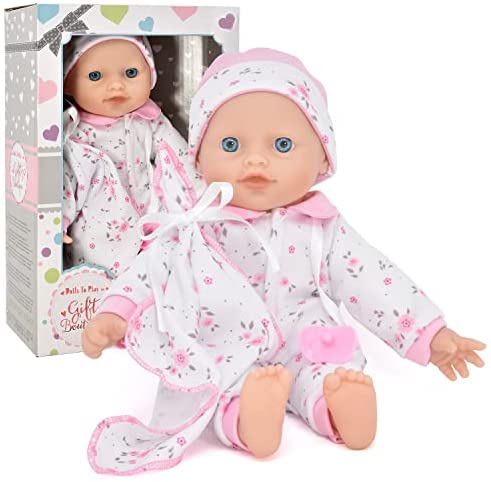 12 Inch Soft Body Baby Doll in Gift Box, Baby Doll with Pacifier, Blanket and Pink Floral Clothes