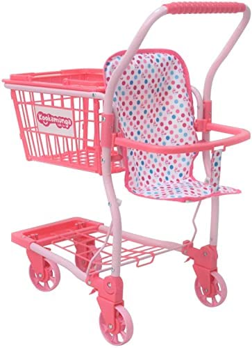 KOOKAMUNGA KIDS Toy Shopping Cart with Removable Hand Basket | Realistic 2 in 1 Kids Grocery Trolley with Front Doll Seat Carrier (Pink Unicorn Pattern)