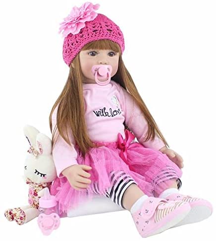 Angelbaby Adorable Reborn Toddler Doll Soft Body Real Life Long Hair Princess Hair, 24inch Handmade Silicone Reborn Baby Doll Sets and Doll Clothes (Pink -2006)