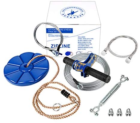 CTSC 75 Foot Zipline Kits for Backyard with Stainless Steel Spring Brake and Seat, Zipline for Kids, Bring Colorful Fun and Enjoyment with the MOST Complete Accessories zipline kit(Up to 250lb) (Blue)