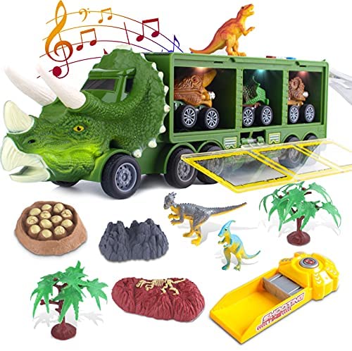 Dinosaur Toy Trucks Carrier for Kids Dinosaur Toys Set with Light Sound for Boys Girls Dinosaur Car Transporter Toy with Cars Launcher Track Dino Park Pretend Toy Kids Gifts for 3 4 5 6 7 8 Years Old