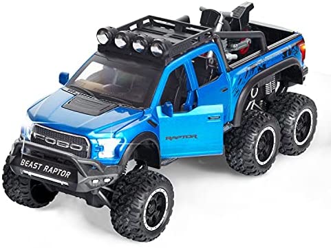 F-150 Pickup Truck Toy Refitted 6x6 Off-Road Model Truck 1/24 Scale Die-Cast Metal Toy Car (Blue)