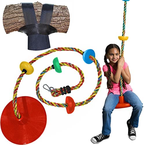 Jungle Gym Kingdom Rope Swing - Tree Climbing Ropes & Disc Swings for Kids w/ Red Seat for Swinging – Outdoor Playground Set w/ Carabiner & 4ft Strap - Treehouse Accessories