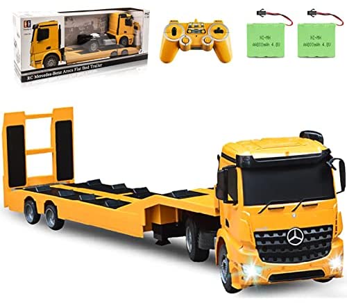 DOUBLE E Mercedes-Benz Licensed RC Tow Truck Detachable Flatbed Semi Trailer Engineering Tractor Remote Control Trailer Truck Electronics Hobby Toy with Sound and Lights