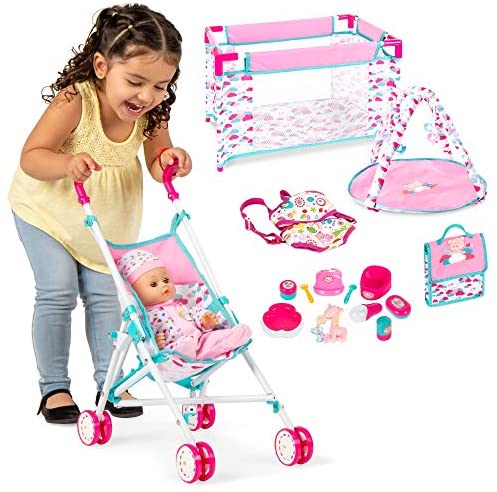 Best Choice Products Kids 15-Piece 13.5in Newborn Baby Doll Nursery Role Play Playset w/ Stroller, Travel Cot, Play Mat, Travel Bag, Carrier, Seat, Accessories