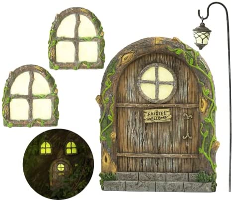 Fairy Door and Windows for Trees – Glow in The Dark Yard Art Sculpture Decoration for Kids Room, Wall and Trees Outdoor | Miniature Fairy Garden Outdoor Decor Accessories with Bonus Fairy Lantern