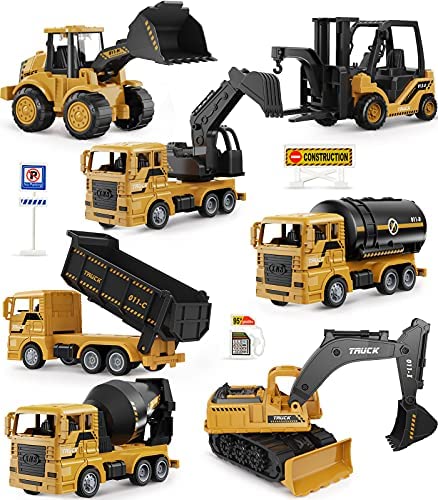 Construction Trucks Toy Set, Geyiie Upgraded Construction Vehicles Site for Kids Engineering Toys Playset for Boys, Pull Back Cars Excavator Digger Tractor Bulldozer Dump Cement Gifts for Party Favor