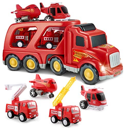 SLENPET Fire Truck Toys for 3 4 5 Years Old Boys Kids Toddlers, Vehicles Toy Set with Light and Sound, Large Transport Cargo Truck, Small Helicopter, Airplane, Emergency Rescue Cars, 5 in 1 Playset