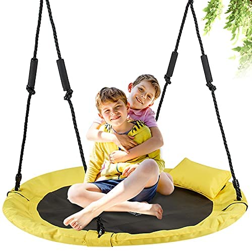 Saucer Tree Swing for Kids, LITTLELOGIQ 40 Inch Outdoor Swing Sets for Backyard, 700lb Capacity, Adjustable Height, Easy Setup, for Adults & Kids - Yellow