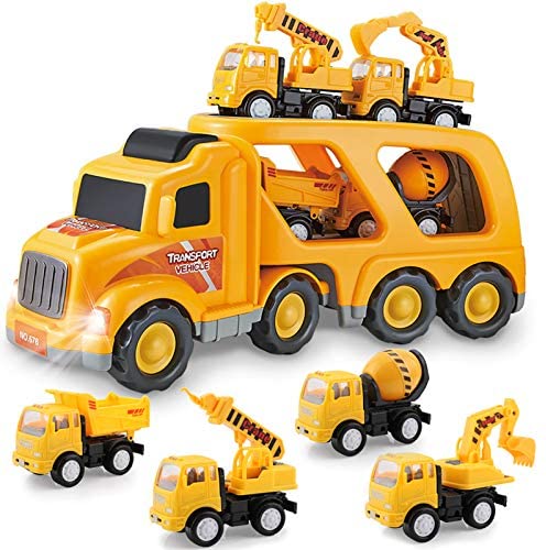 Construction Truck Toys for 3 4 5 6 Years Old Toddlers Kids Boys and Girls, Car Toy Set with Sound and Light, Play Vehicles in Friction Powered Carrier Truck, Small Crane Mixer Dump Excavator Toy