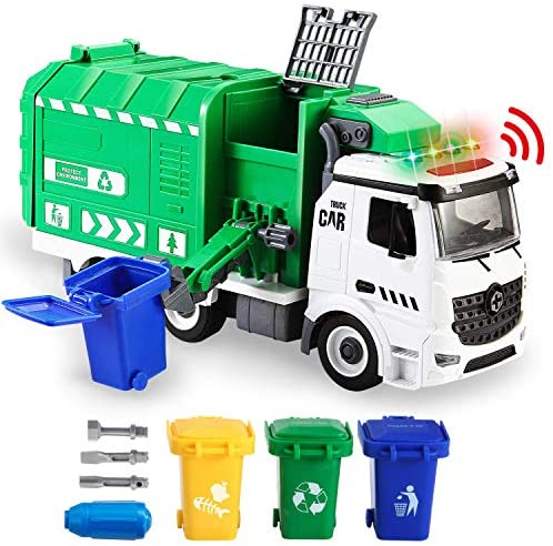 JOYIN Jumbo Take Apart Friction Powered Side-Dump Recycling Garbage Truck Toy with Light and Sounds, 3 Trash Cans, Screwdriver Toys, for DIY Assembly