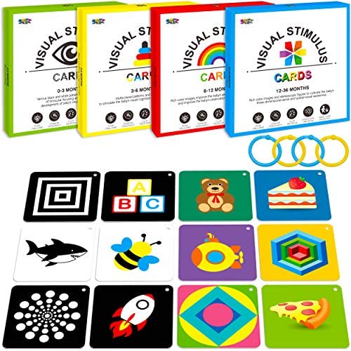 100 PCS 200 Page Black White Colorful 3D Visual Stimulation Baby Flashcard for Newborn Baby Infant Gift (4 Levels 0-36 Months, 5.5” X 5.5”)