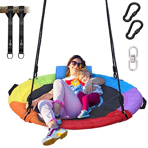 Trekassy 750lbs 40 Inch Saucer Tree Swing for Kids Adults Textilene Wear-Resistant with Pillow, Swivel, 2pcs 10ft Tree Hanging Straps