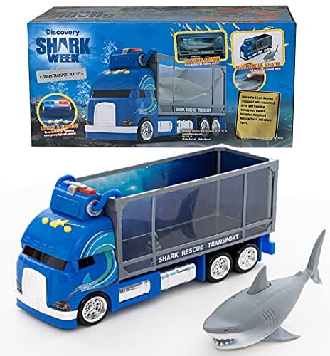 SHARK WEEK Discovery - Rescue Transport Truck Toy Playset for Kids, Includes Moving Toy Truck with Lights and Sounds, Great White Shark Tank, Hand Painted, Realistic, Eco Friendly, Officially Licensed