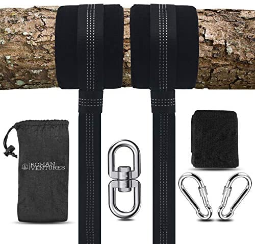Roman Ventures Tree Swing Hanging Kit- Extra Long Adjustable 10 ft Tree Swing Straps + 2 Tree Protectors + 2 Locking Carabiners + Swivel | Tree Swing Hanger Set for Swings, Hammocks & Tire Swings