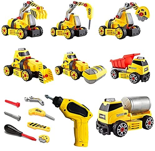7 in 1 Take Apart Truck Construction Set - STEM Learning Toy w/ Electric Drill, DIY Engineering Building PlaySet w/ Lights, Sounds, Push & Go Educational Builder Set for Kids, Boys & Girls, Ages 4+