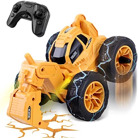 Moonsteps Remote Control Excavator, 360° Rotating RC Excavator Toy with Headlights, 2.4Ghz 4WD Remote Control Truck, Rechargeable Stunt Toy Cars, Christmas Birthday Gift for Boys/Girls