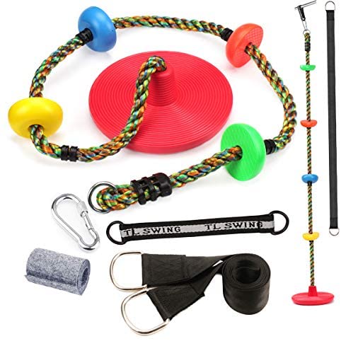 Climbing Rope Tree Swing with Platforms and Disc Swings Seat ，Playground Swingset for Kids Outdoor Trees House Tire Saucer Swing Outside Playset Toys - Carabiner , 0.65 Ft and 5 Ft Tree Strap (Red)