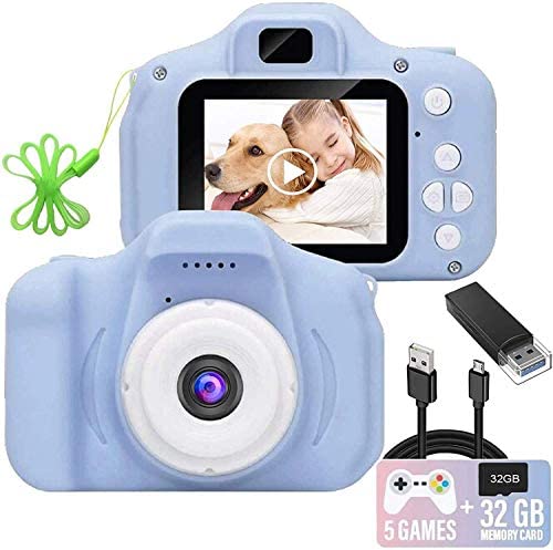 Kids Camera, 1080P FHD Digital Video Recorder Shockproof Action Cameras with 2 Inch IPS Screen and 32GB SD Card for Girls Boys Gifts Blue
